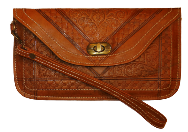 Wallet Leather hand Bag Tan With Floral Design