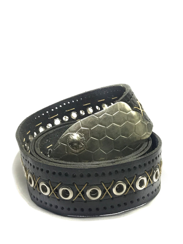 Black Leather Belt With Wide Buckle And Rounded  unstaibned silver Circles