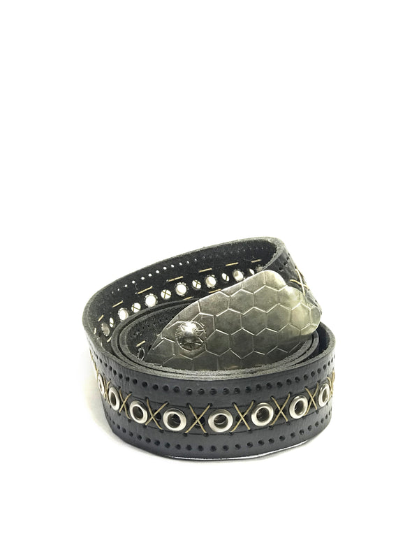 Black Leather Belt With Wide Buckle And Rounded  unstaibned silver Circles