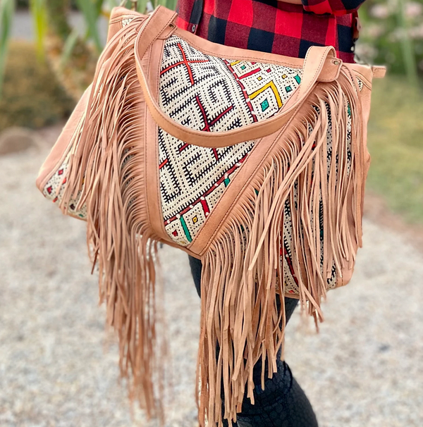 Boho leather fringe bag, native fringe purse, carpet handbag, Killim bag, western style