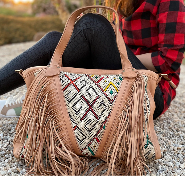 Boho leather fringe bag, native fringe purse, carpet handbag, Killim bag, western style